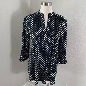 Cocomo Woman Plus 1X Black White Polka Dot Tunic Top 3/4 Sleeve Stretch Shirt